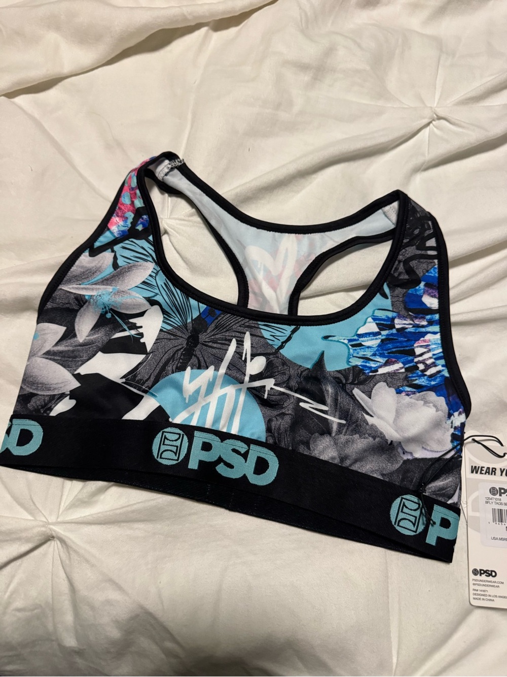 PSD Women's Floral Racerback Sports Bra in Black & Blue Sz M New
